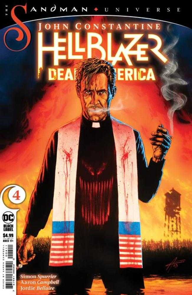 Cover of 'John Constantine, Hellblazer: Dead In America (2024) #4' featuring a man in a black robe with a smoking cigarette, set against a dramatic, fiery background.