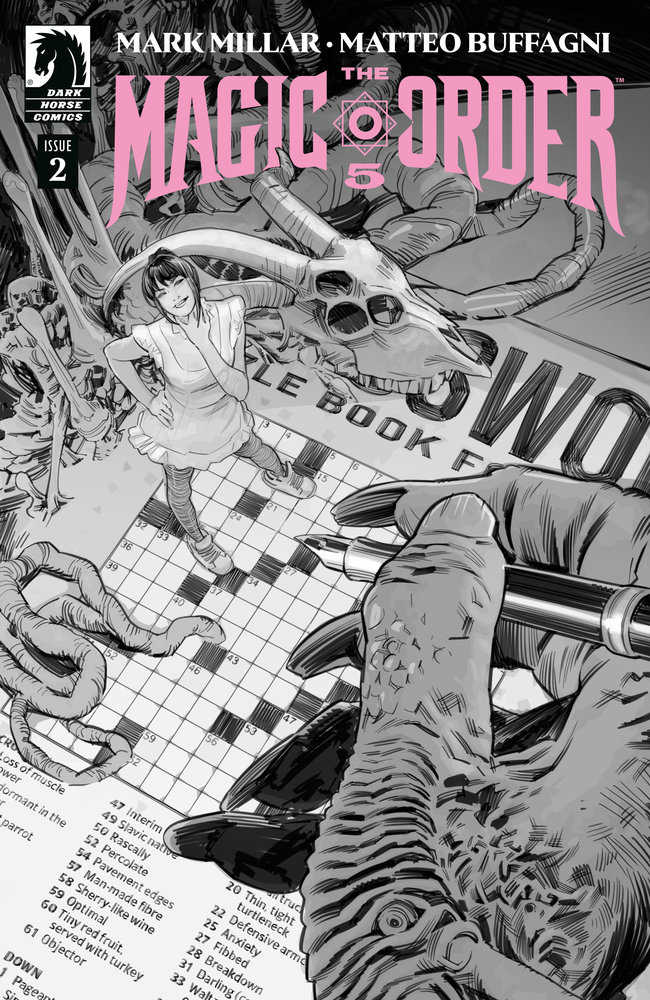 Cover of 'The Magic Order V #2' featuring black and white artwork with a character named Cordelia Moonstone in an action pose with a gun, set against a backdrop with text and a patterned design.