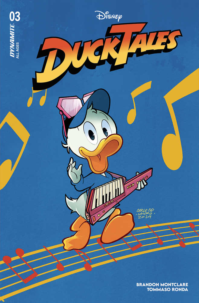 A cover of 'DuckTales #3' featuring an illustration of a young Scrooge McDuck with a baseball cap, playing a musical instrument, with notes and a prison backdrop indicating the theme of the issue.