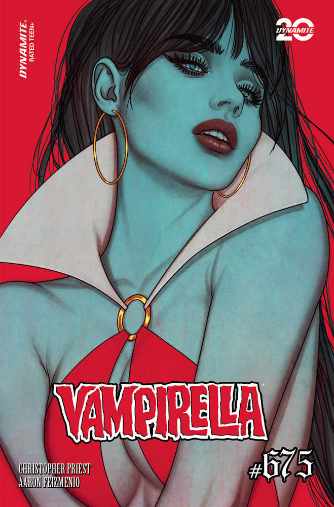 Cover of Vampirella #675 featuring an illustration of the character Vampirella in a red dress with a winter setting, indicating a Christmas theme.