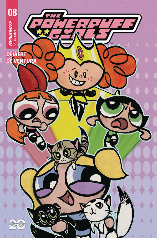Illustration of the Powerpuff Girls characters on a comic book cover, with Bubbles, Blossom, and Buttercup depicted alongside a variety of animals.