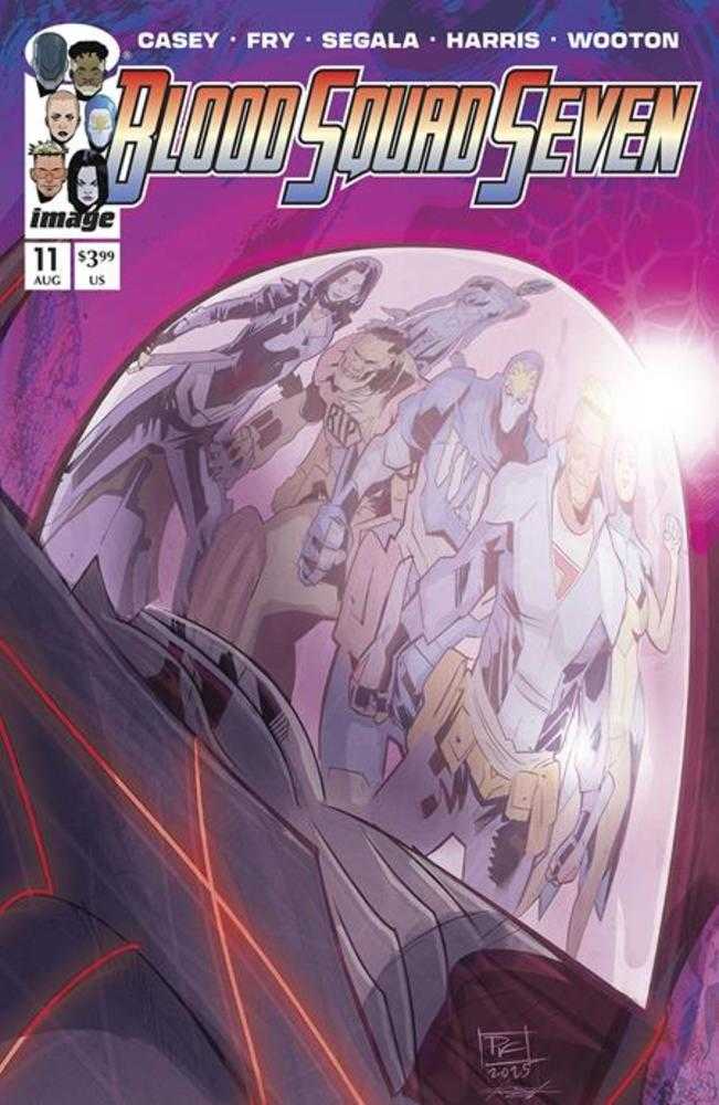 Comic book cover titled 'Blood Squad Seven' with characters in a spaceship.
