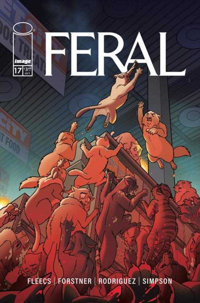 Comic book cover of 'Feral' with red cats and a cityscape background.