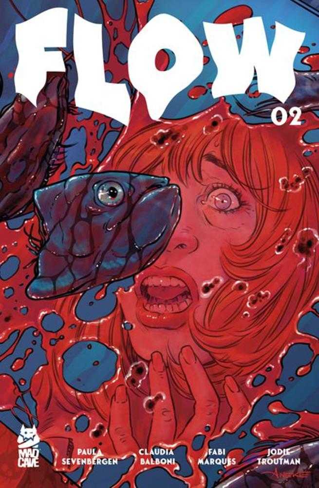 Comic book cover titled 'Flow' with a red and blue abstract design and a fish.