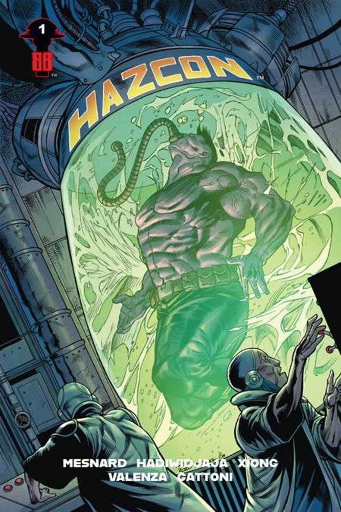Comic book cover featuring a creature in a green chamber with 'Hazzcon' above, and people observing.