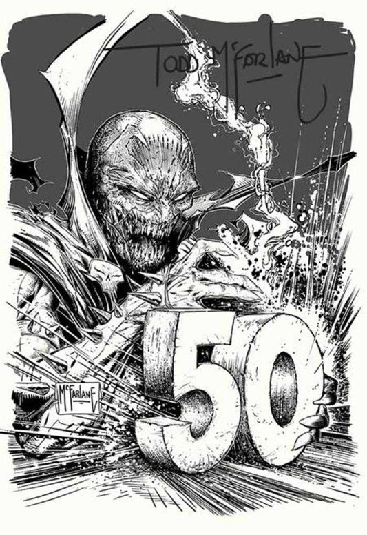Black and white illustration of a character with a number 50, likely related to a comic book or graphic novel, with 'Todd McFarlane' signature.