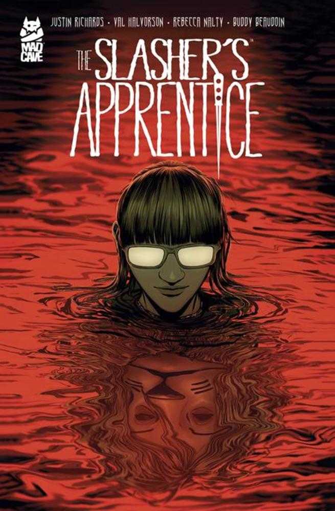Cover of 'The Slasher's Apprentice' with a character submerged in red water.