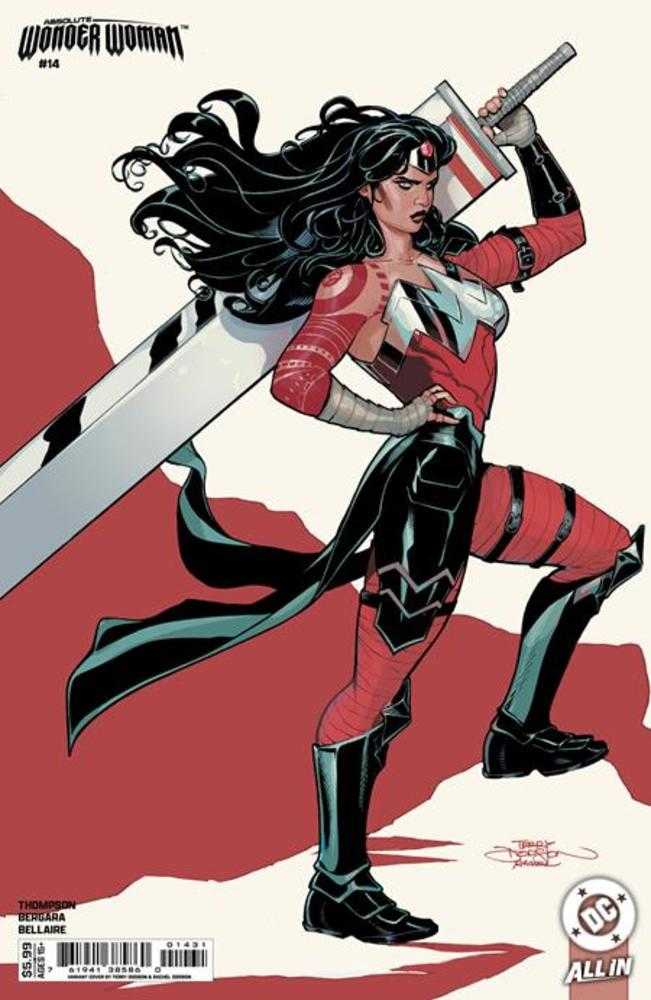 Comic book cover featuring a superheroine in a red and black costume with a sword.