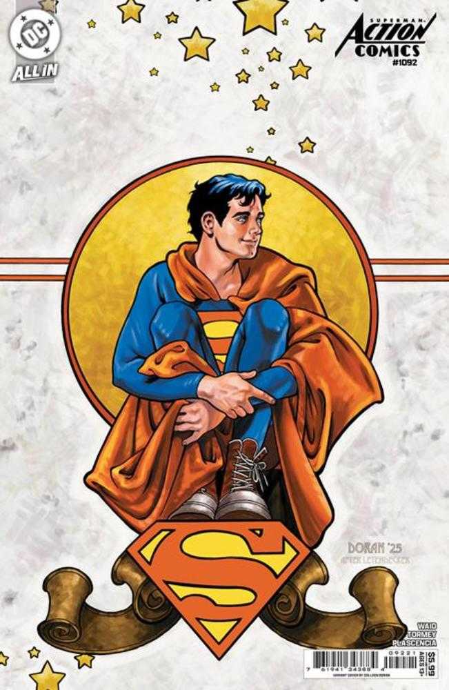 Superman sitting in a circular frame with stars around, on a comic book cover.