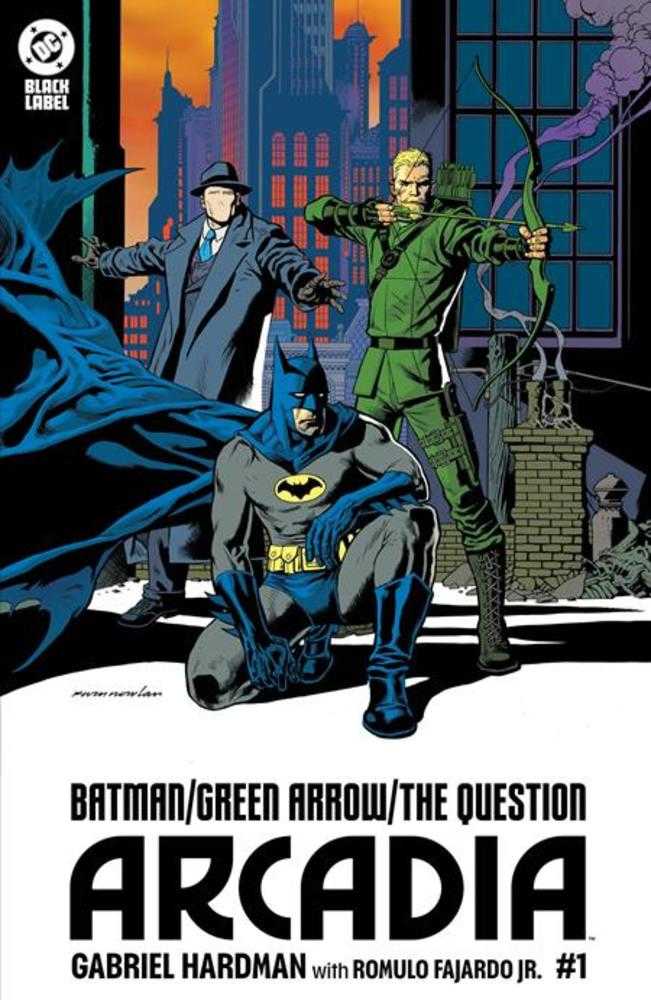 Comic book cover featuring Batman, Green Arrow, and The Question with a cityscape background.