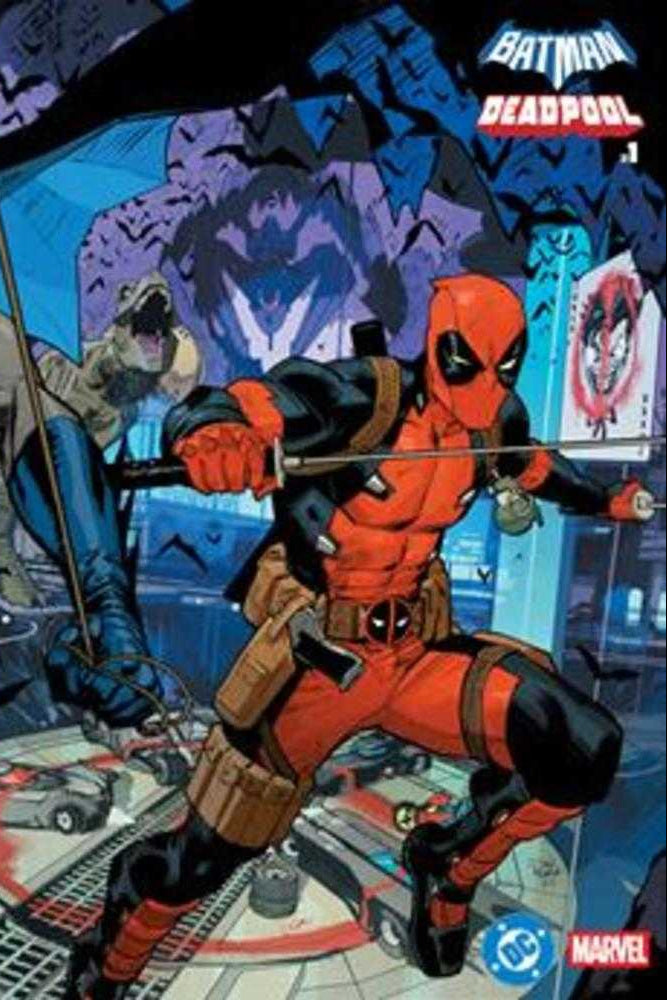 Comic book cover featuring Batman and Deadpool in a dynamic pose with a cityscape background.
