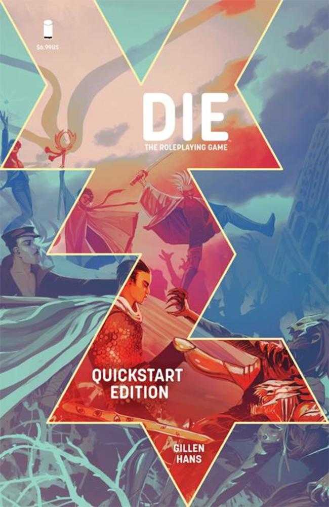 Cover of 'Die' roleplaying game quickstart edition with colorful abstract design
