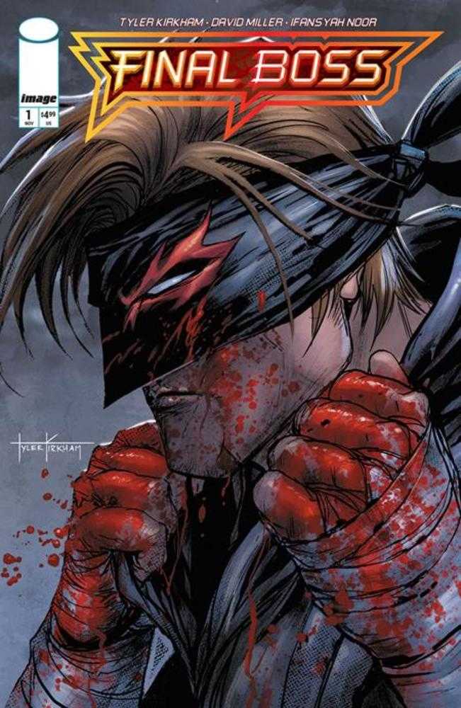 Comic book cover of 'Final Boss' with a warrior in a helmet and bloodstains.