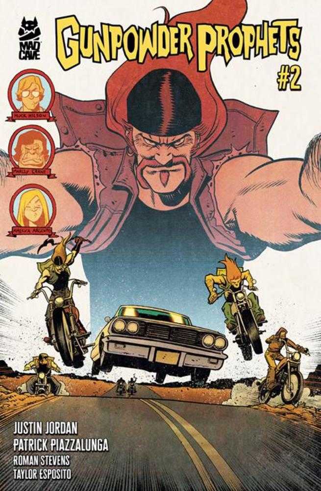 Comic book cover of 'Gunpowder Prophets #2' with a muscular character and motorcycles on a road.
