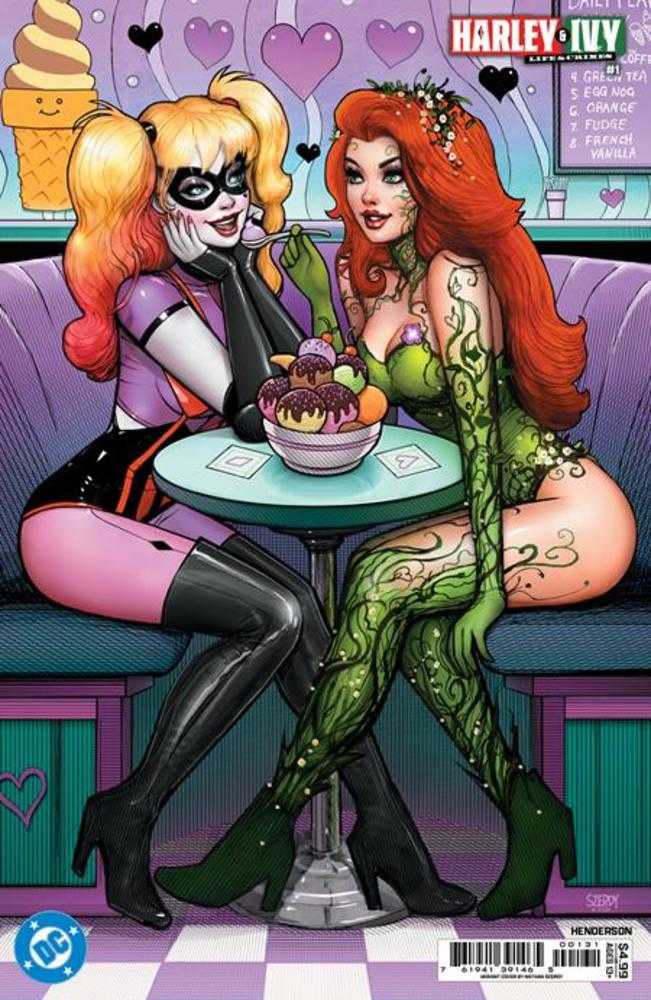 Comic book cover featuring two characters sitting at a table with a cupcake, in a stylized setting.