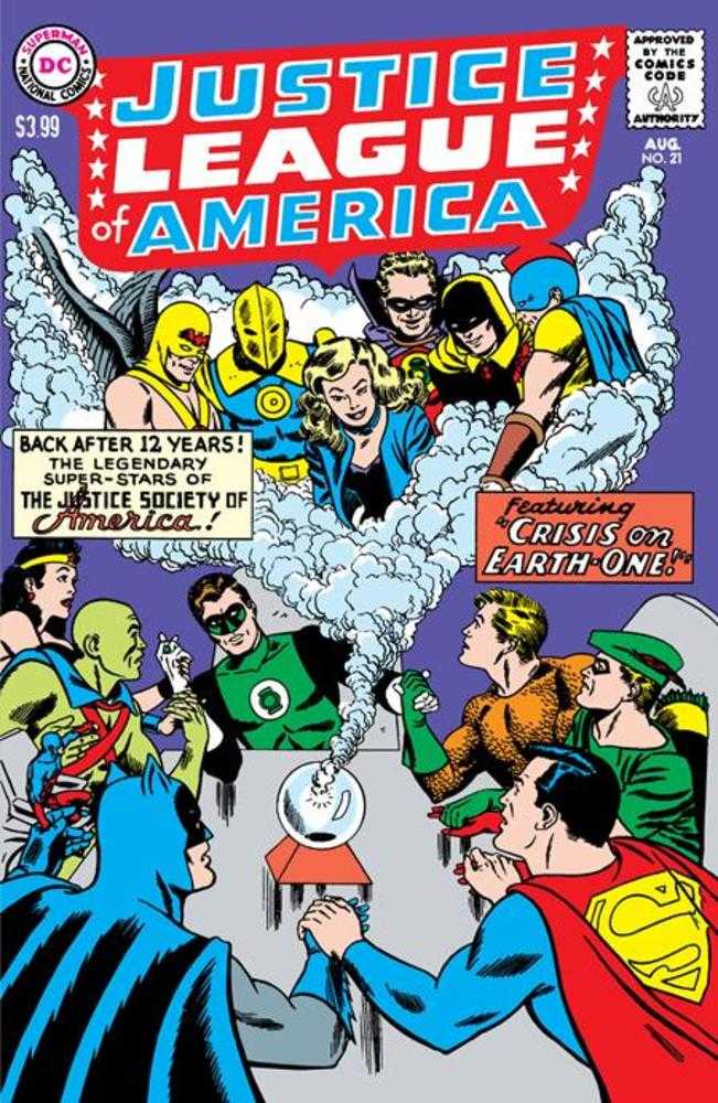 Comic book cover featuring the Justice League of America with Superman and other characters.