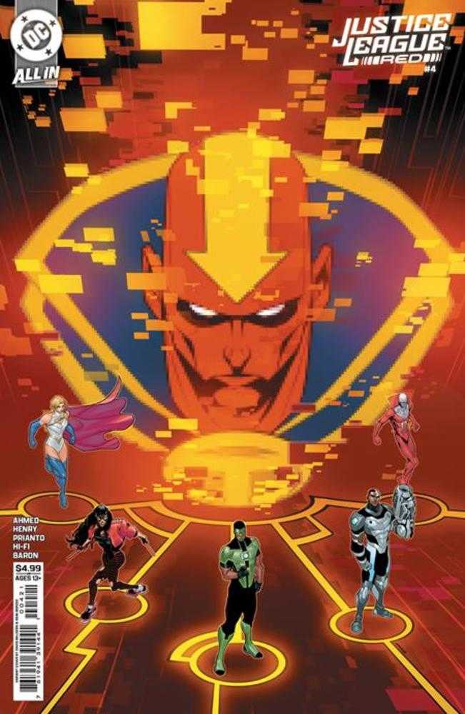 Comic book cover featuring superhero characters with a digital logo in the background