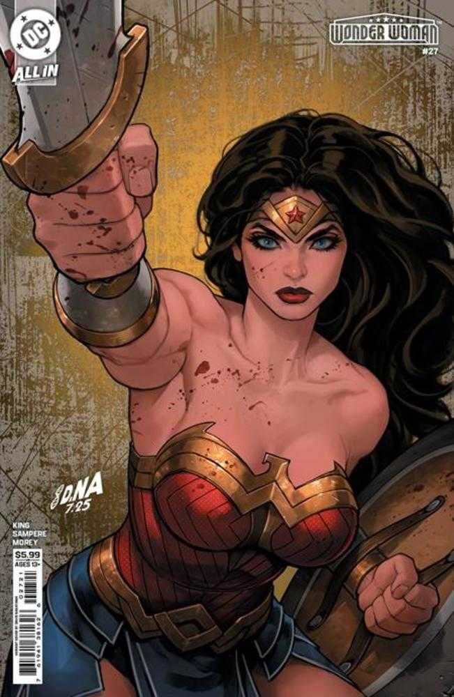 Comic book cover featuring Wonder Woman holding a weapon with a textured background