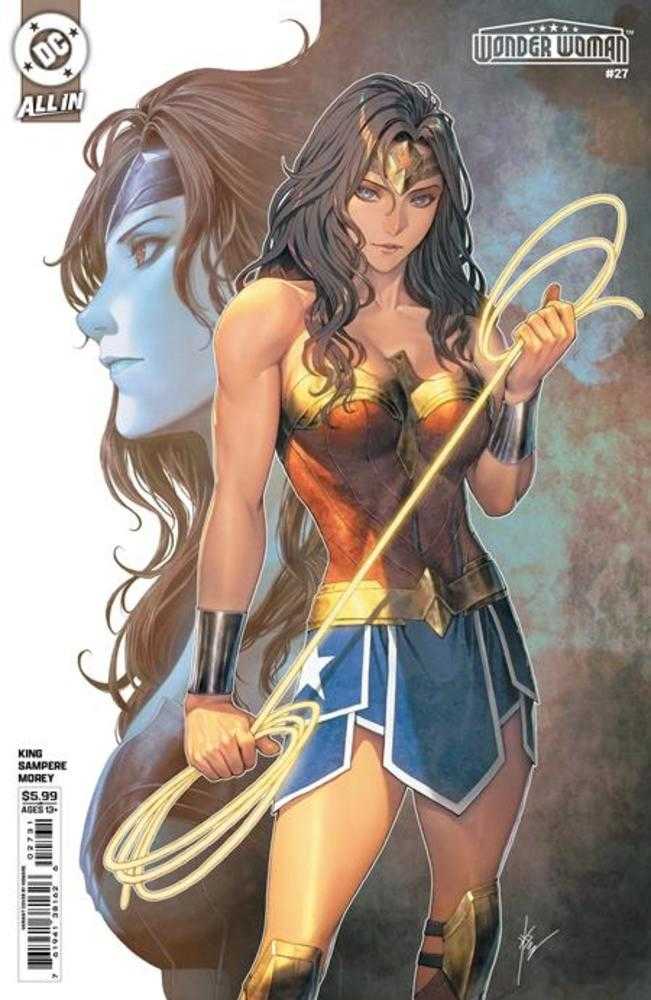 Comic book cover featuring Wonder Woman holding a lasso with another character in the background.