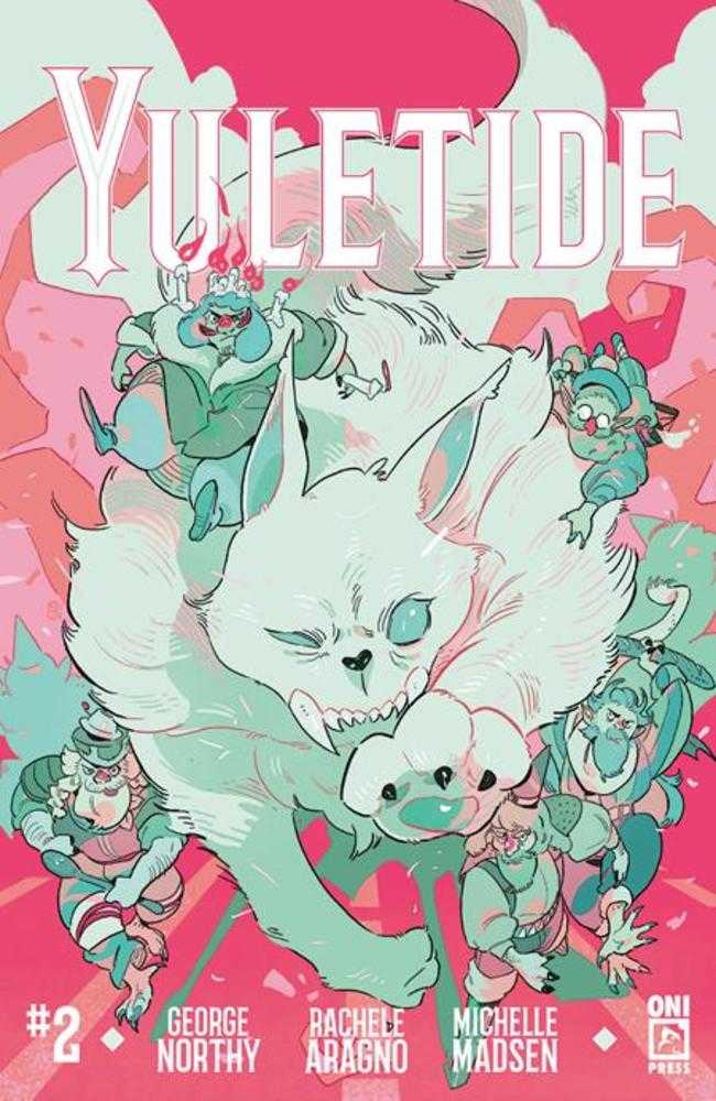 Cover of 'Yuletide' with a large white creature and smaller characters on a pink background