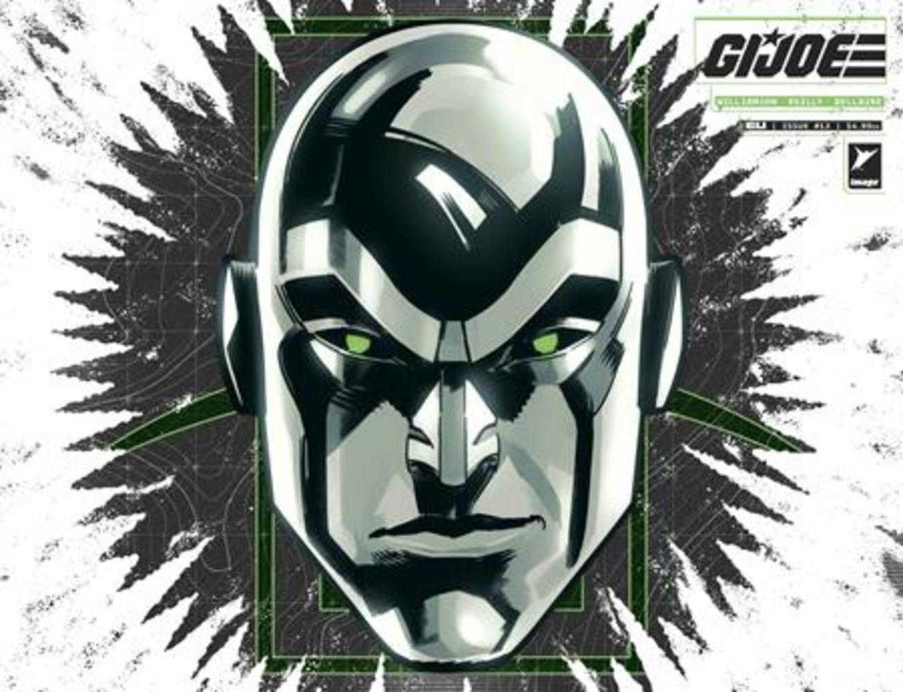 Stylized illustration of a character's helmet with green accents, featuring the G.I. Joe logo.