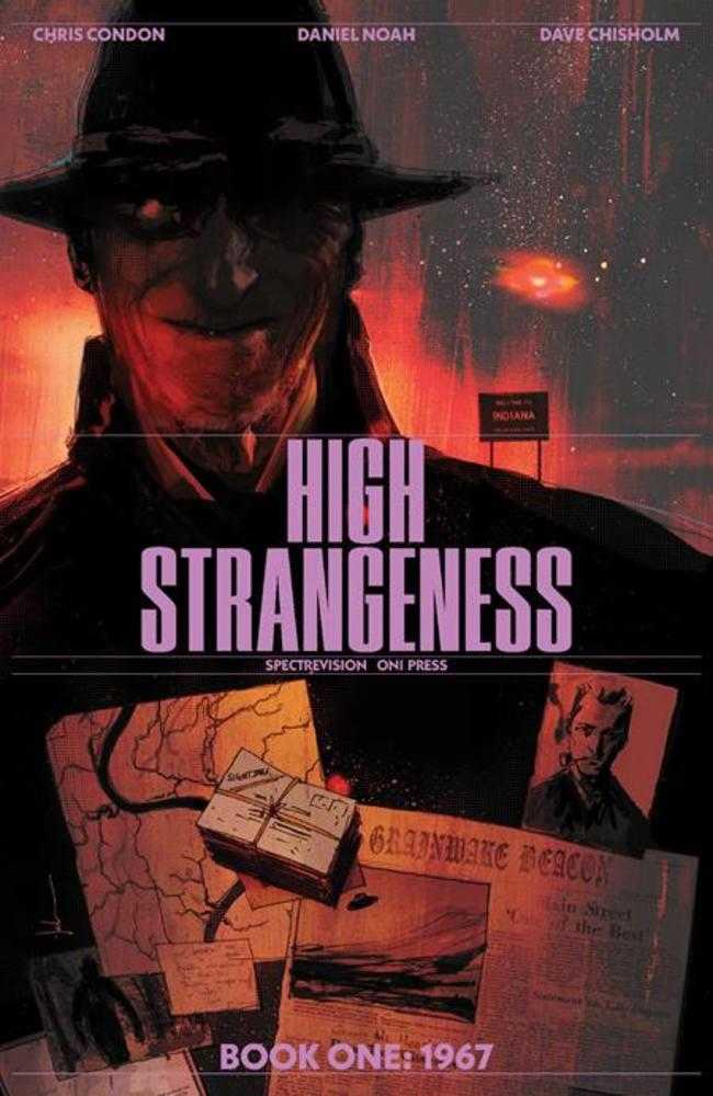 Book cover of 'High Strangeness' with a masked figure and vintage newspaper.