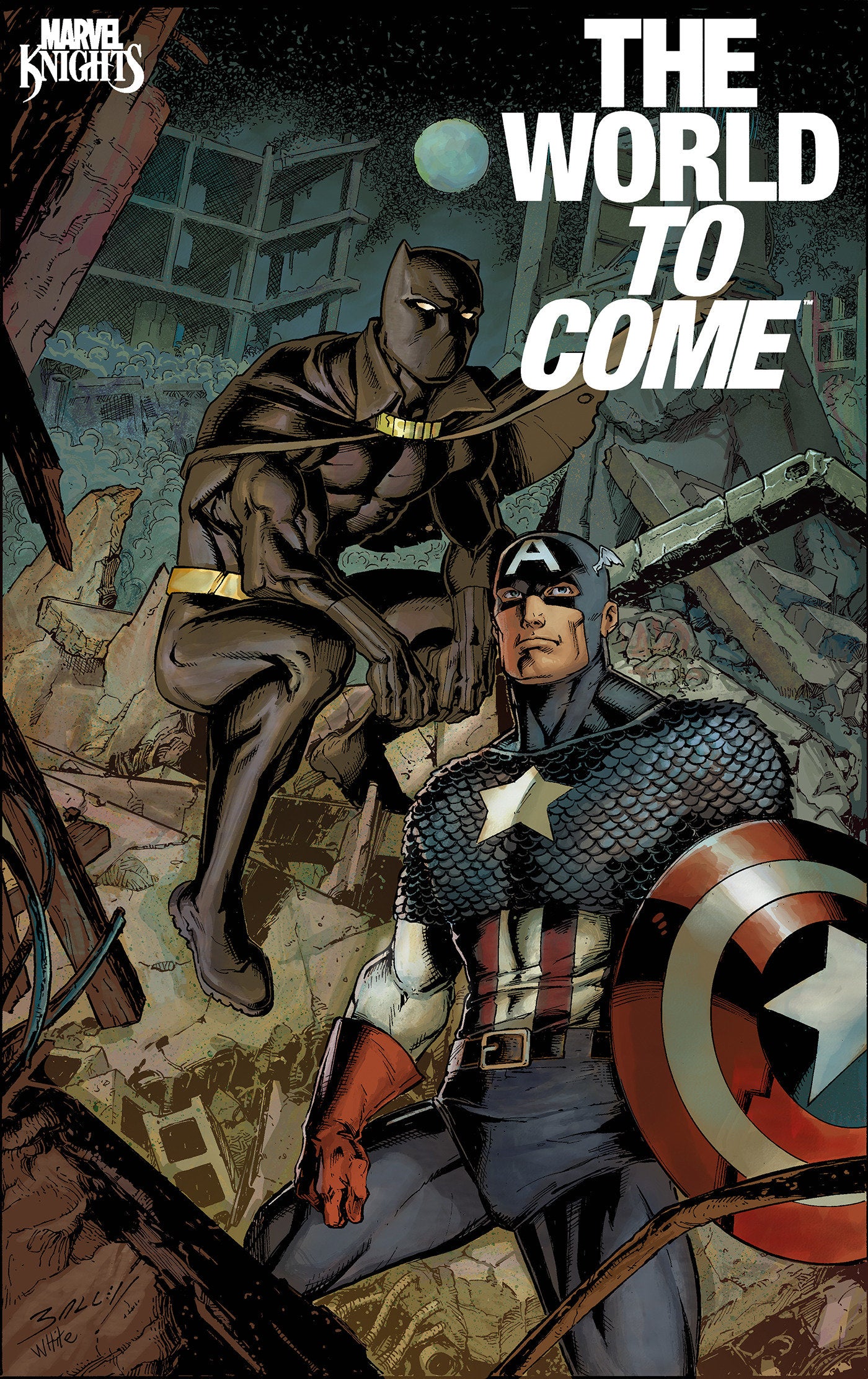 Comic book cover featuring two superheroes in a post-apocalyptic setting with 'The World to Come' text.