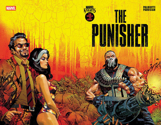Comic book cover featuring 'The Punisher' with a stylized background and characters.