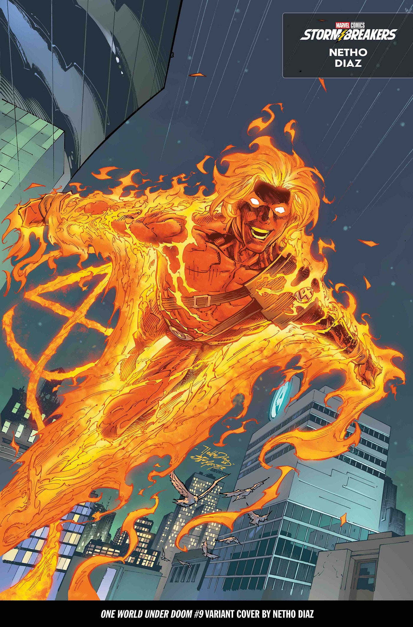 Comic book cover featuring a character with flames in an urban setting