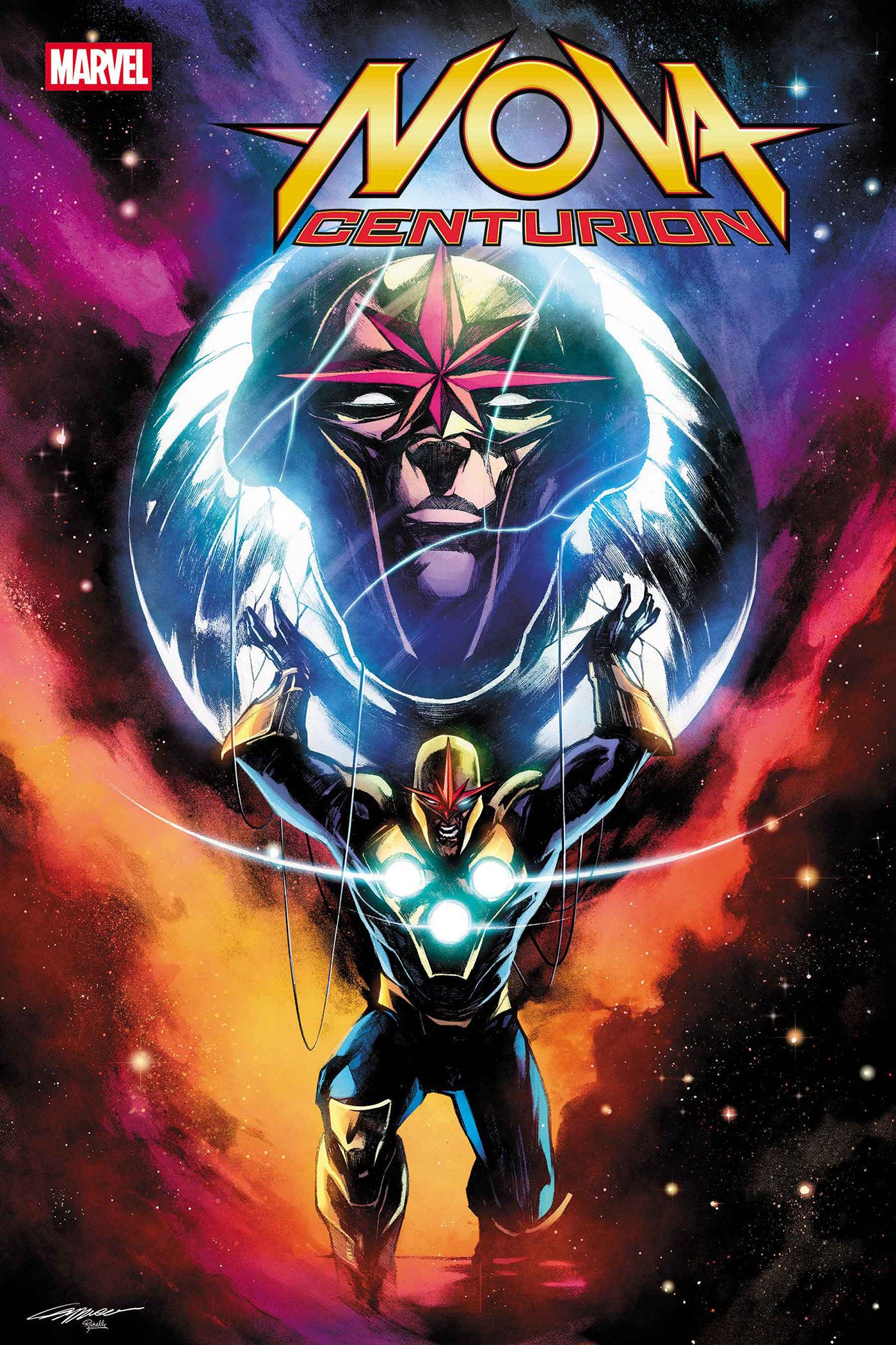Comic book cover featuring a superhero in a futuristic suit with 'Nova Centurion' text and Marvel logo.