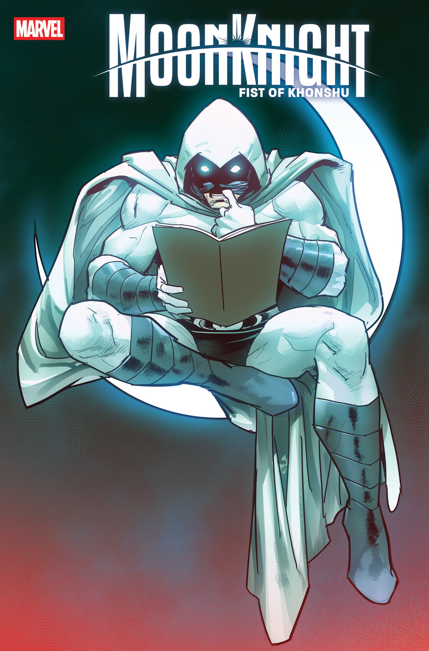 Comic book cover featuring a character in a white robe reading a book with a red and blue gradient background.