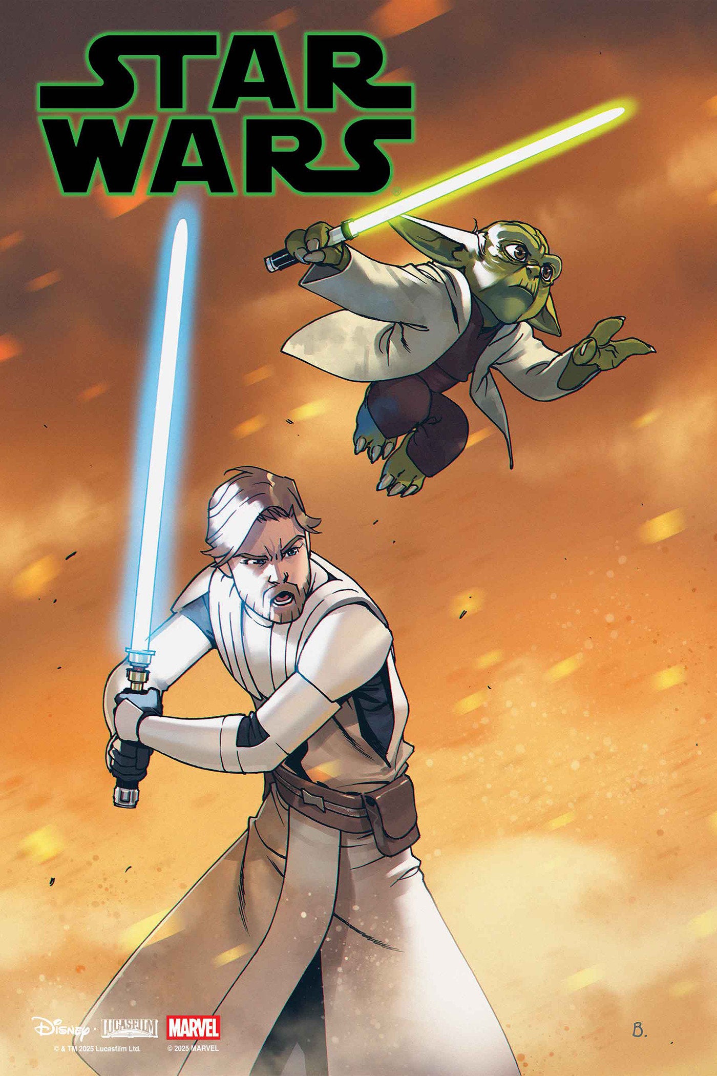 Illustration of a character with a lightsaber and a creature in the background, featuring 'Star Wars' branding.