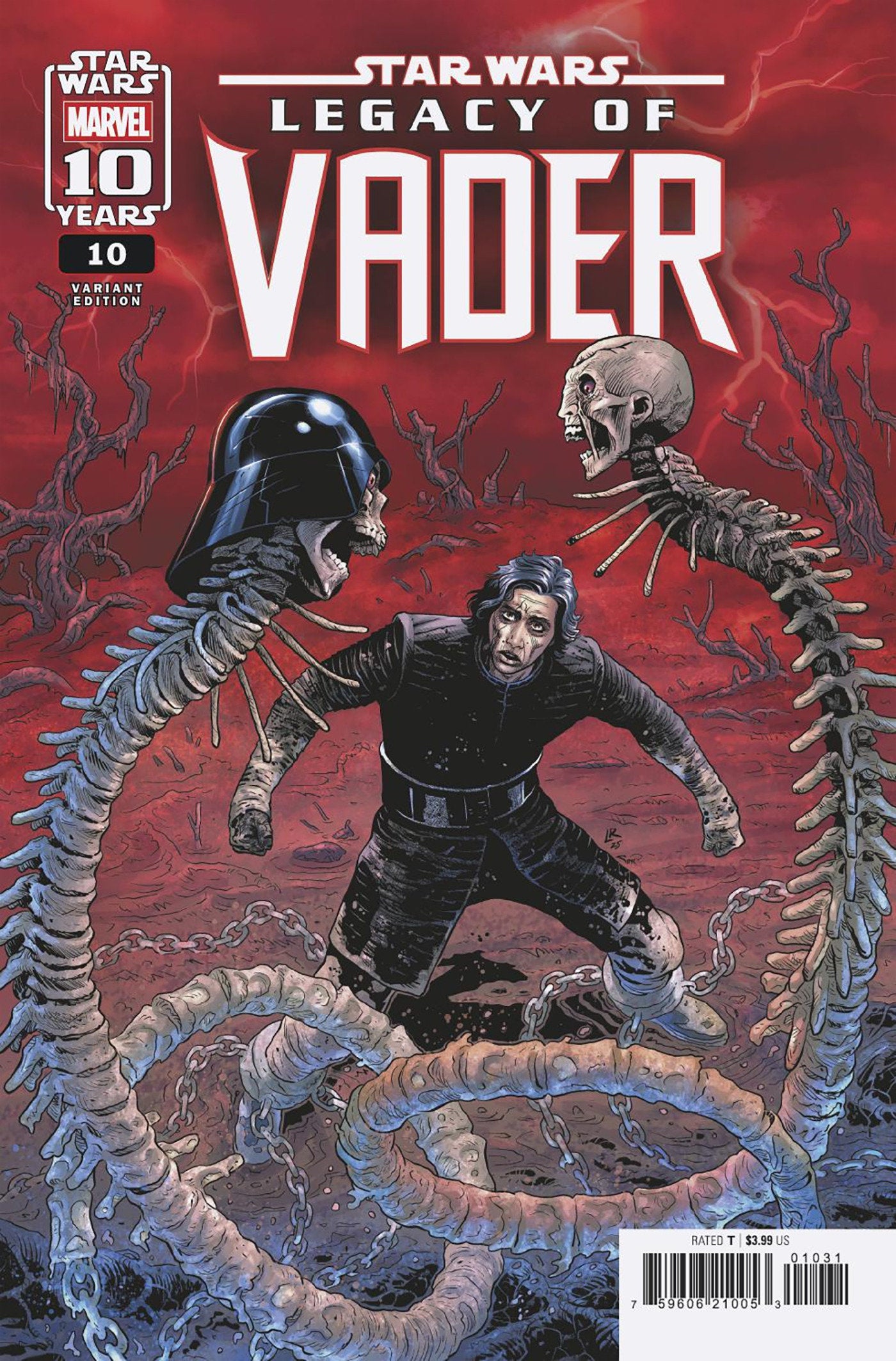 Comic book cover of 'Star Wars: Legacy of Vader' featuring Darth Vader and a skeleton on a red background.