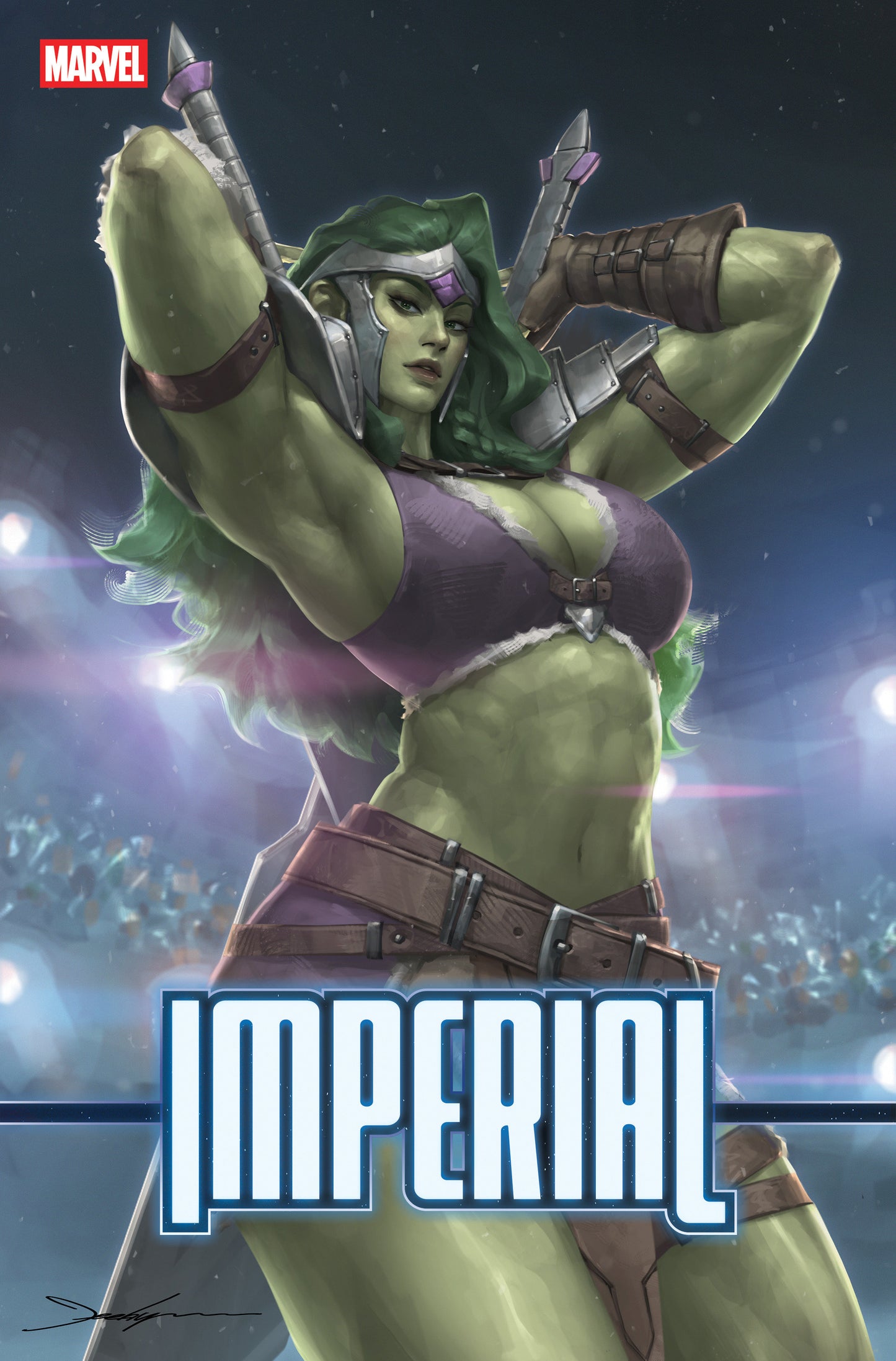 Comic book cover featuring a green superheroine with armor and weapons, titled 'Imperial'.