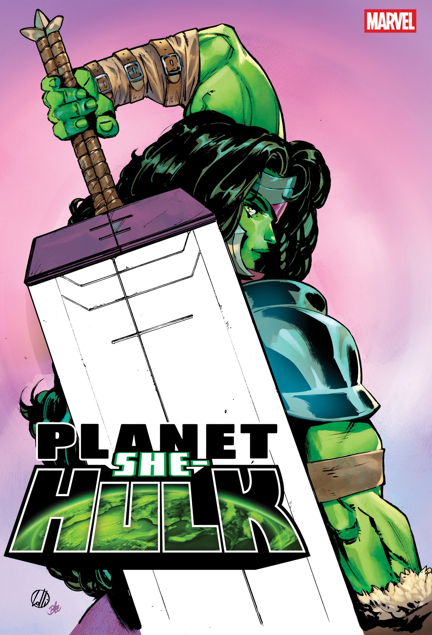 Comic book cover featuring a character holding a hammer with 'Planet She-Hulk' text and Marvel logo.