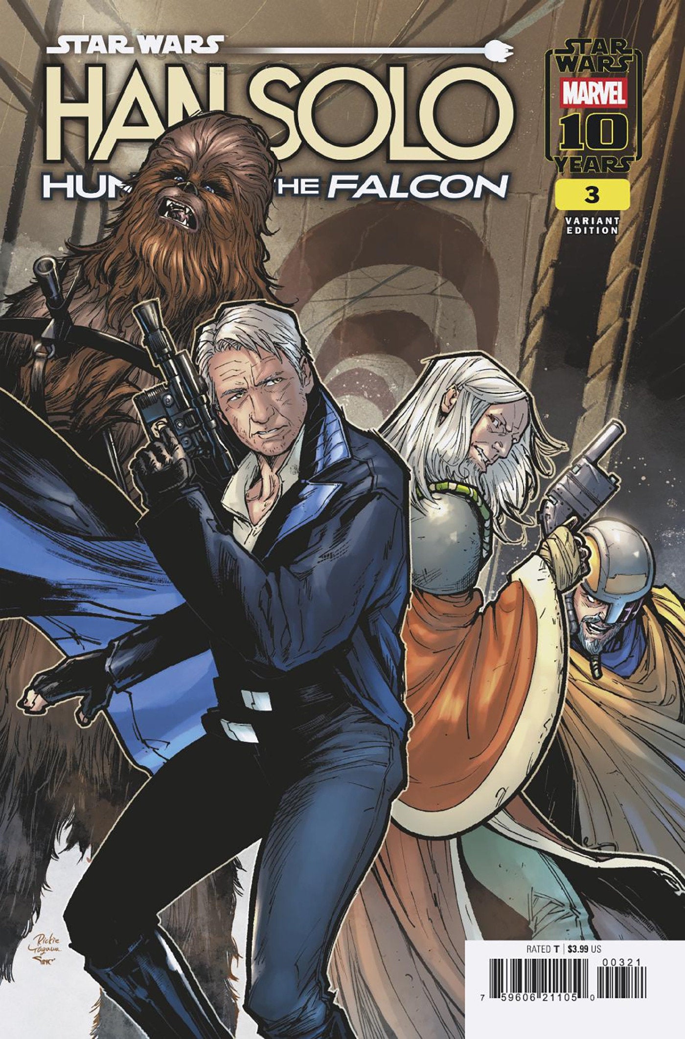 Comic book cover featuring Han Solo and Chewbacca with other characters, titled 'Han Solo and the Falcon'.