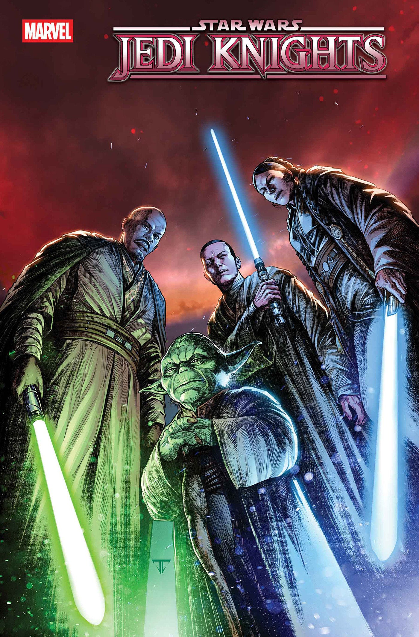 Comic book cover featuring Jedi Knights with lightsabers against a starry background.