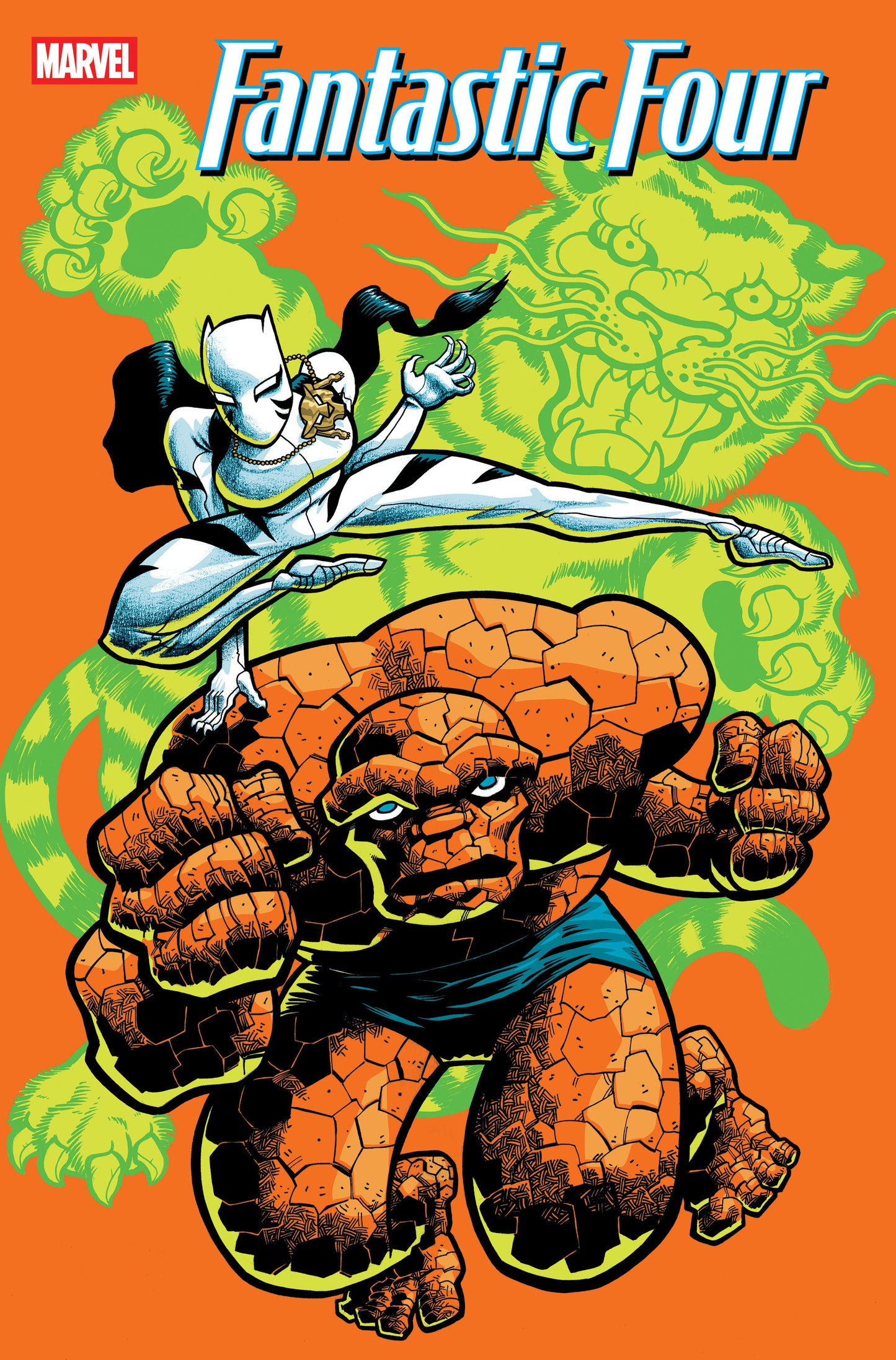 Comic book cover featuring two characters with a large creature-like figure on an orange background.