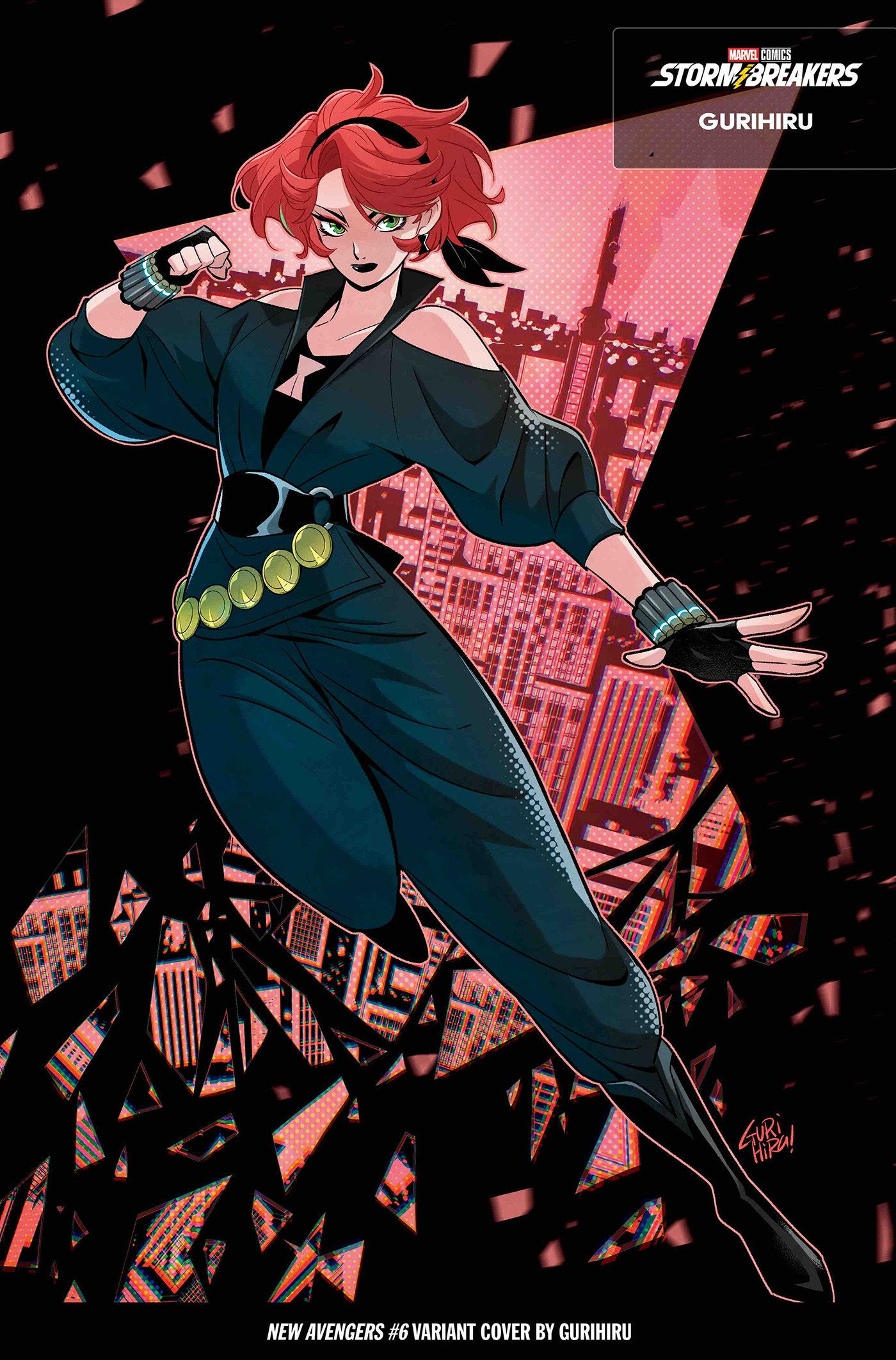 Comic book cover featuring a character with red hair and green eyes, wearing a black outfit with green accents, against a cityscape background.