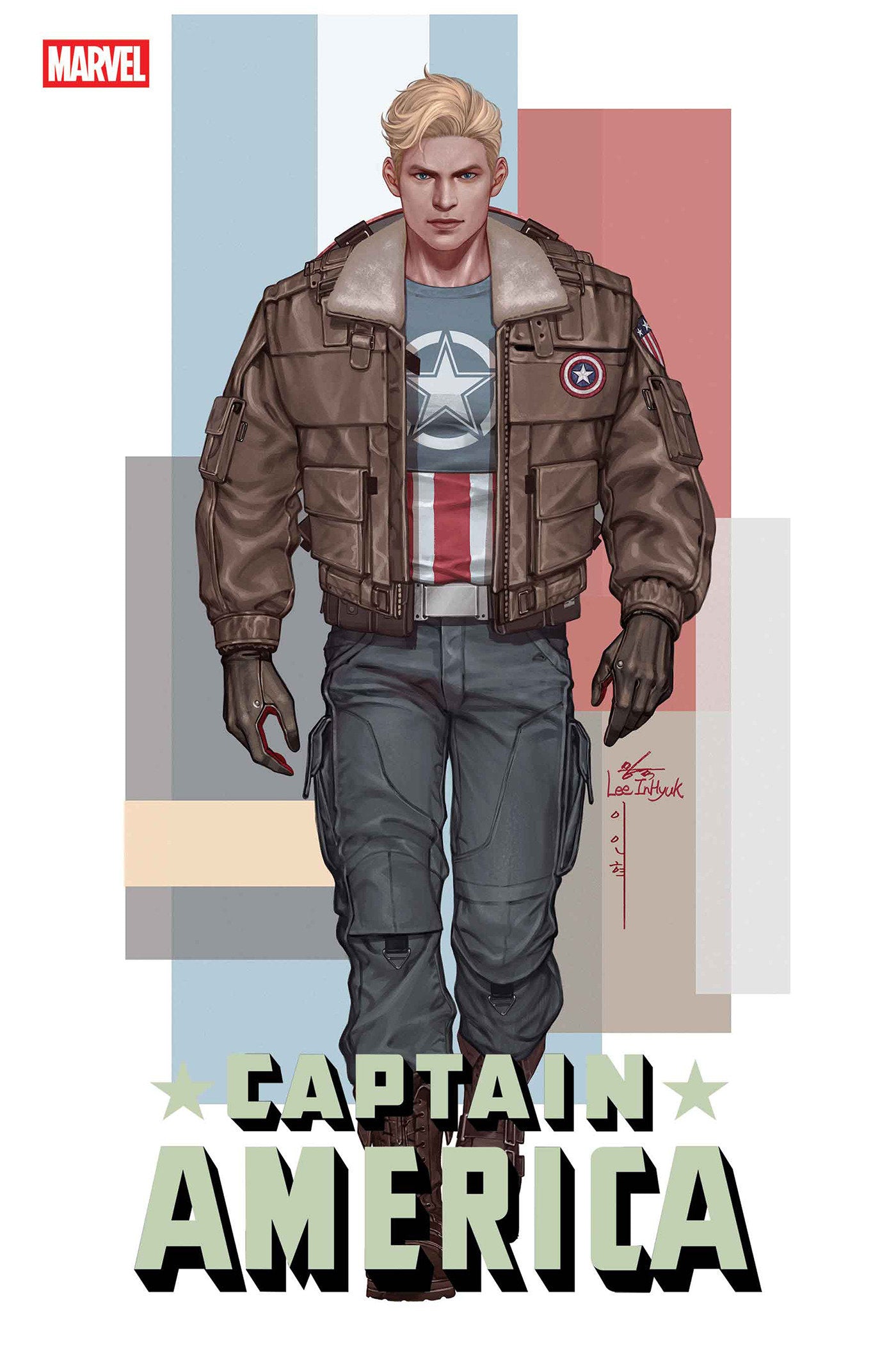 Character in a brown jacket with a star emblem, standing against a colorful background with 'Marvel' logo.