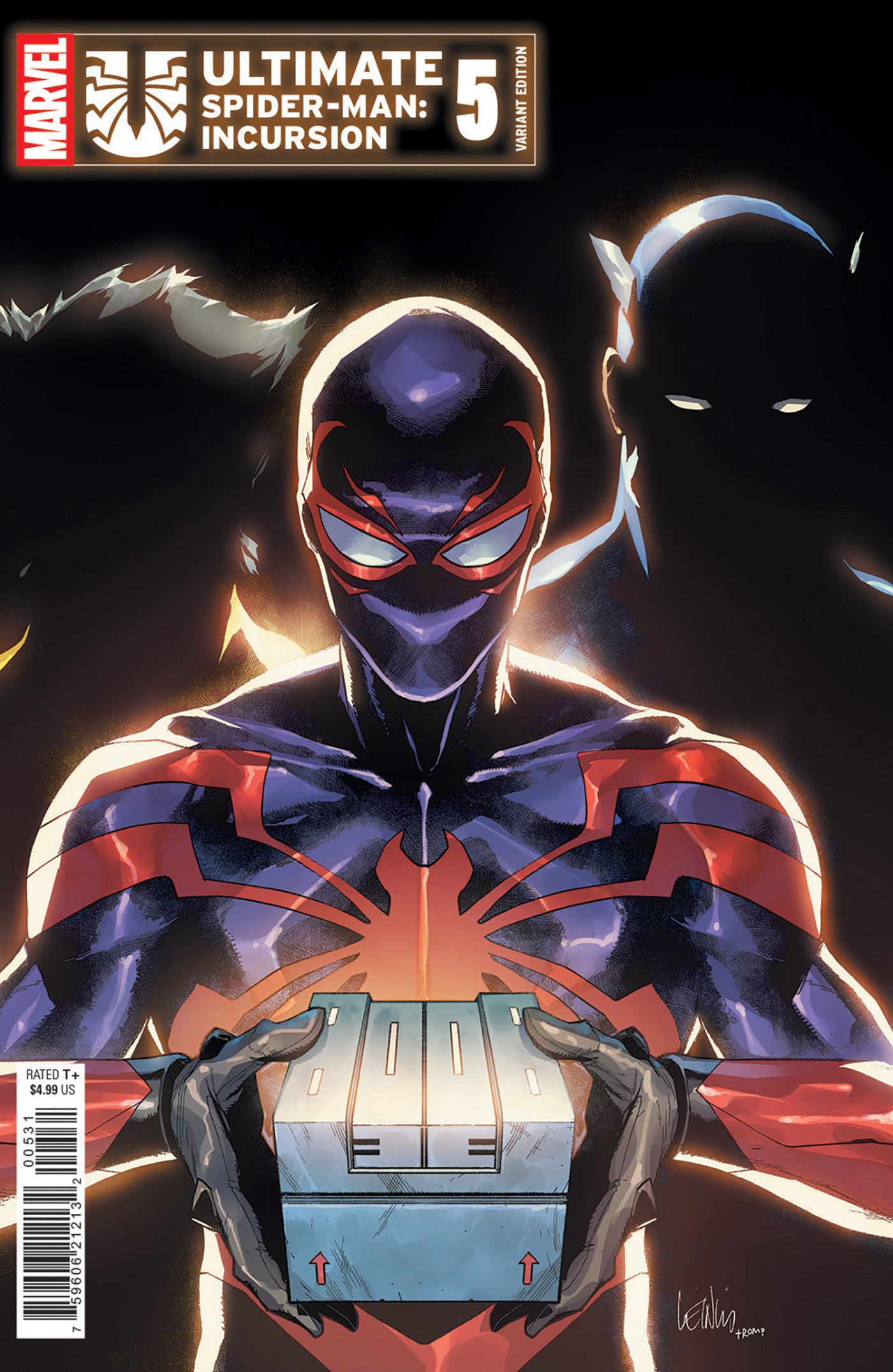 Comic book cover featuring a superhero in a dark costume with a glowing emblem.
