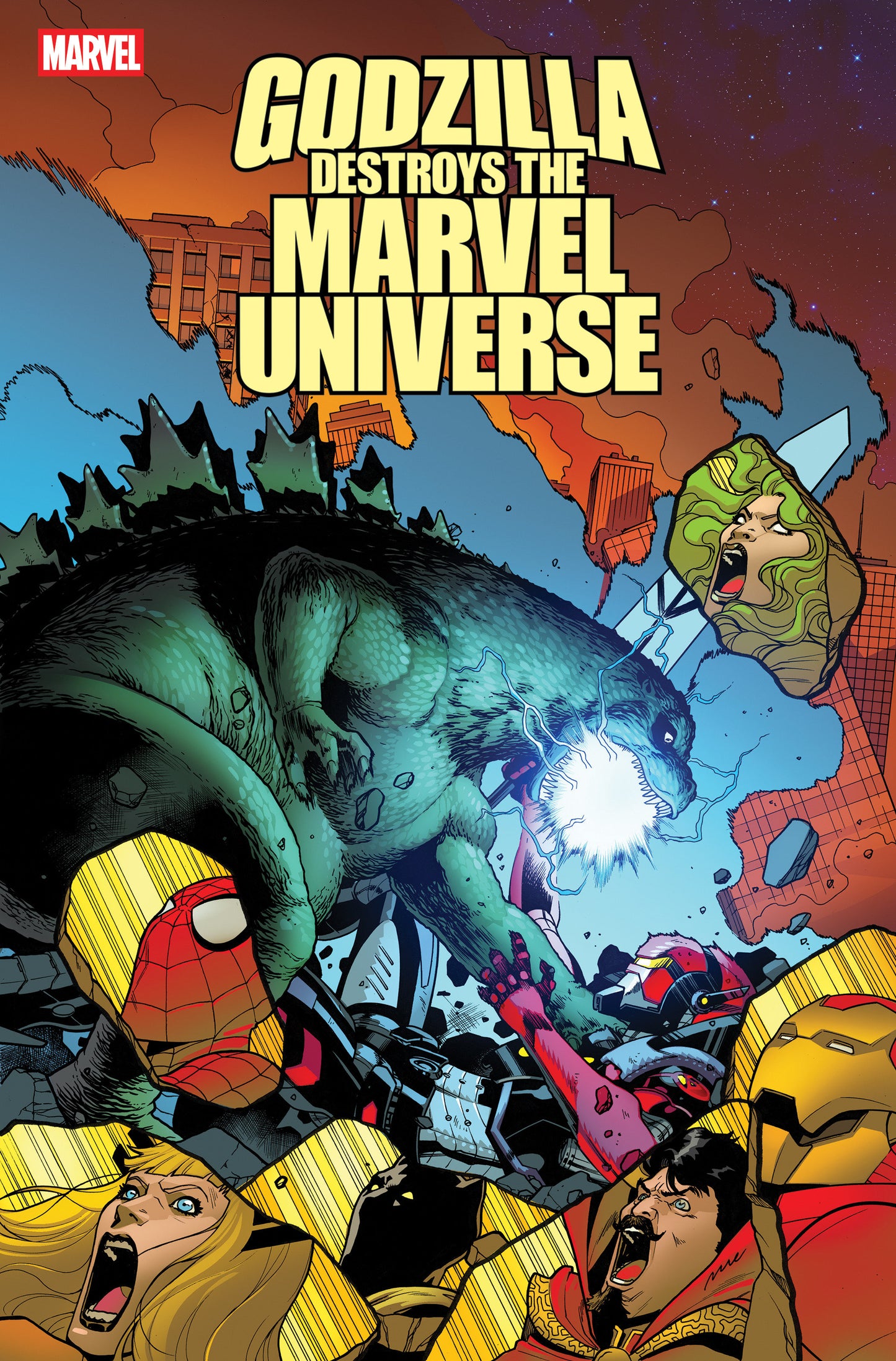 Comic book cover featuring Godzilla destroying the Marvel Universe with various characters in the foreground.