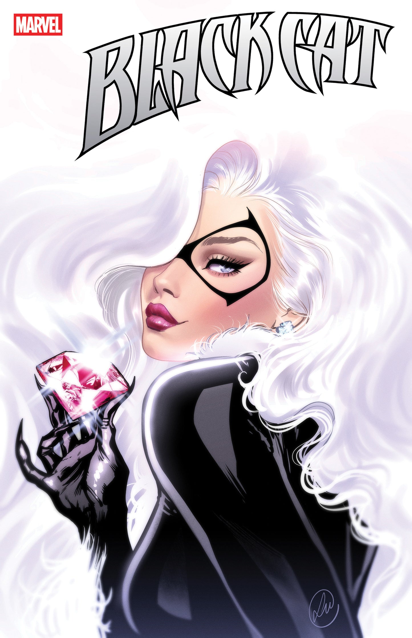 Comic book cover featuring a character in a black outfit with a red gem, titled 'Black Cat'.