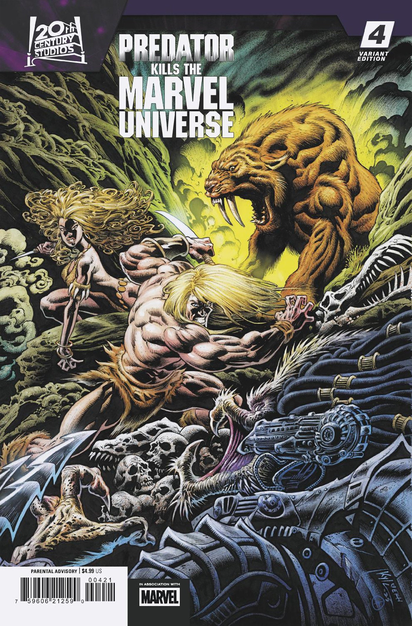 Comic book cover featuring a Predator and a woman in a battle scene with text 'Predator Kills the Marvel Universe'.