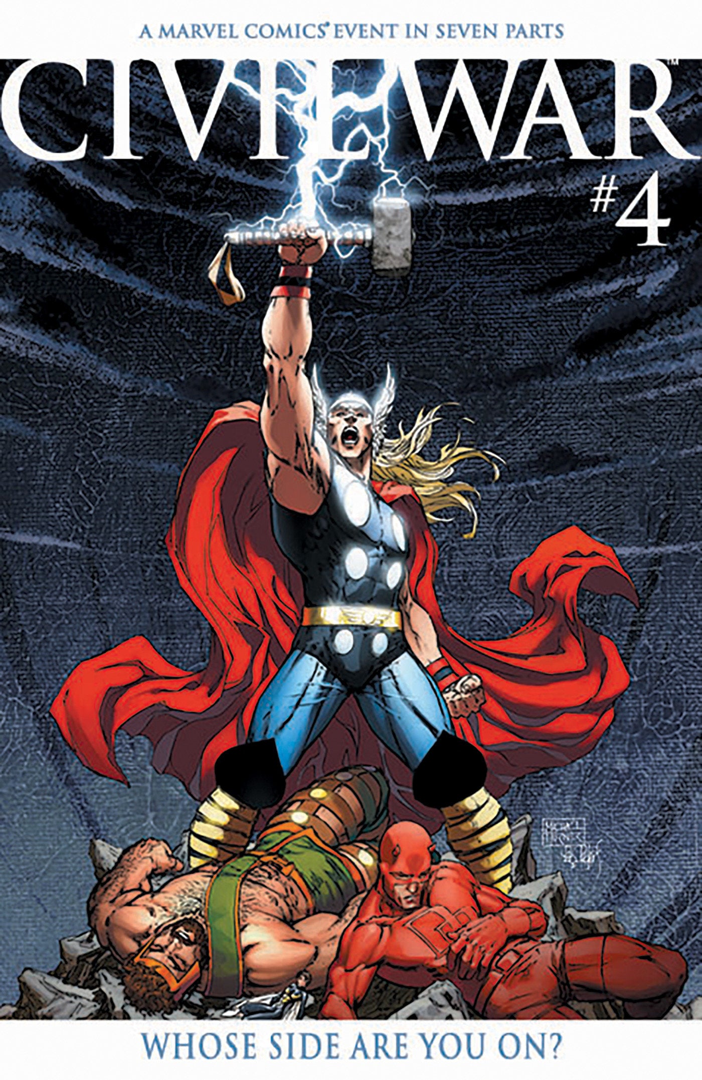 Comic book cover featuring a superhero in a red cape and blue outfit with a lightning bolt, holding a hammer, against a dark background.