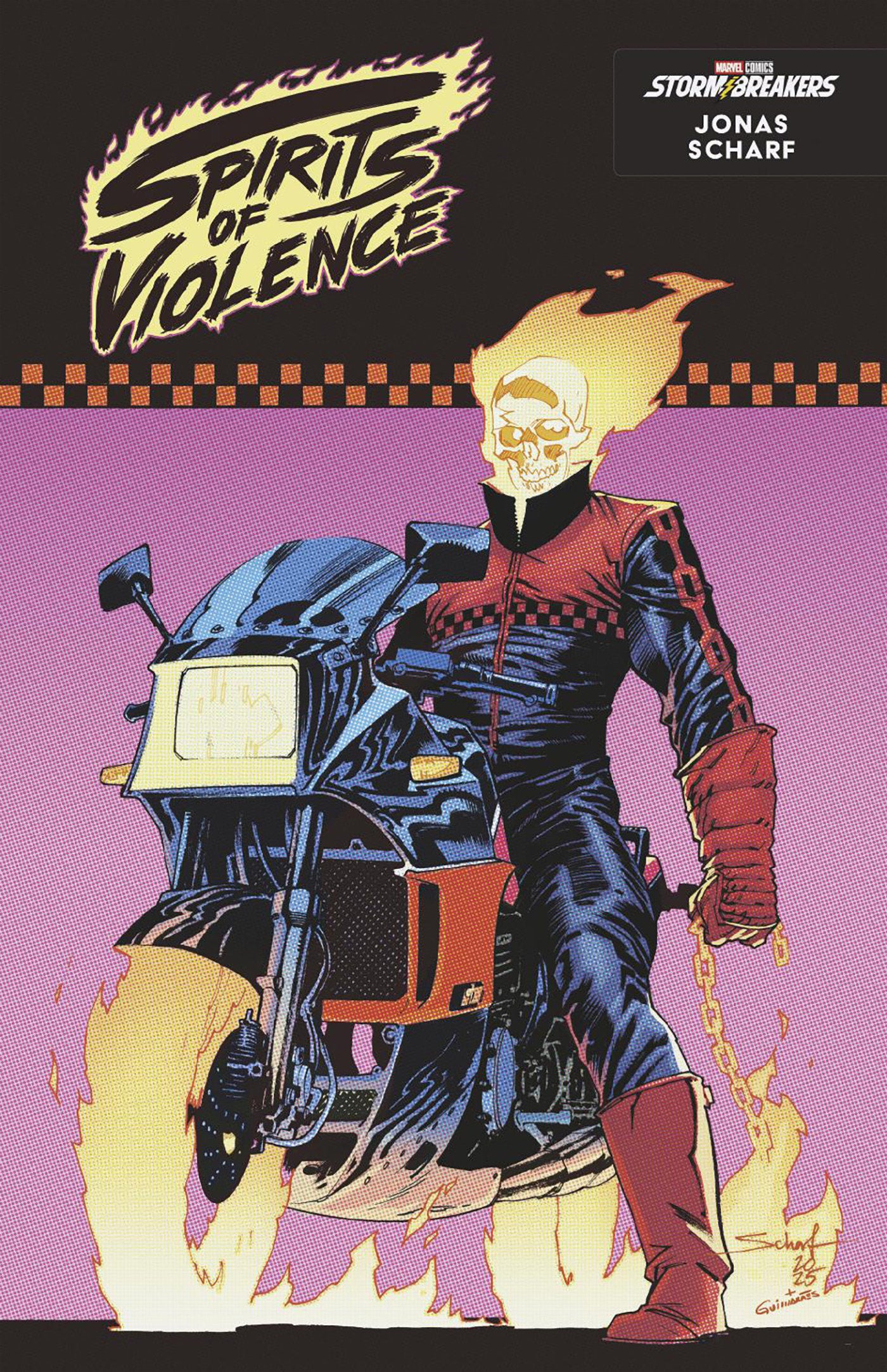 Comic book cover featuring a character on a motorcycle with 'Spirits of Violence' text.
