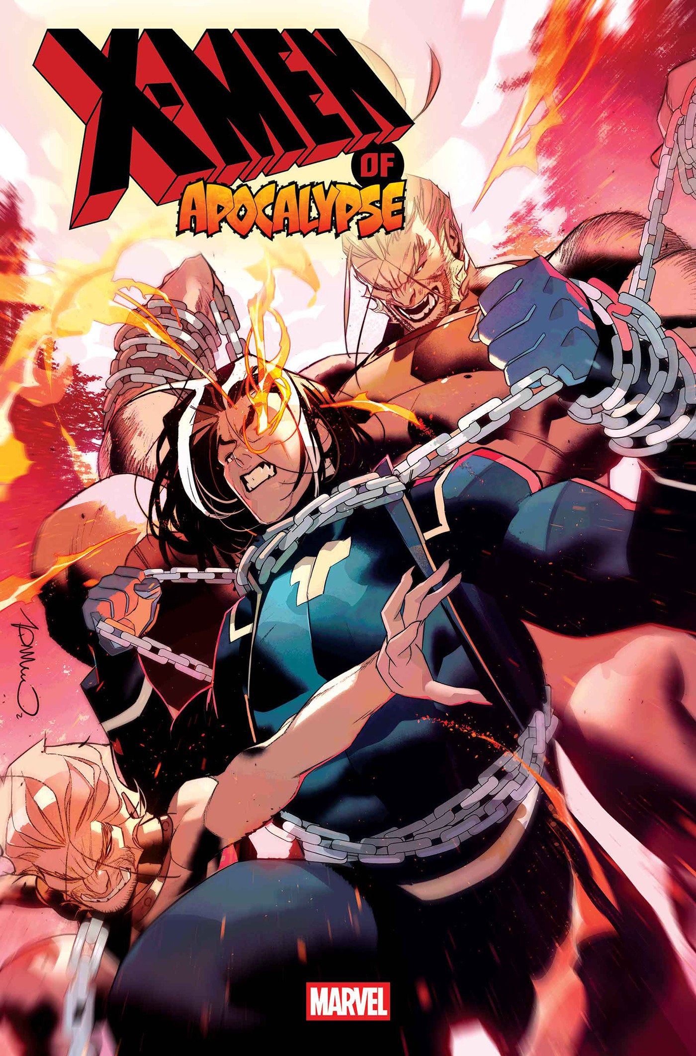 Comic book cover featuring a character in chains with fiery background and 'X-Men: Days of Apocalypse' title.
