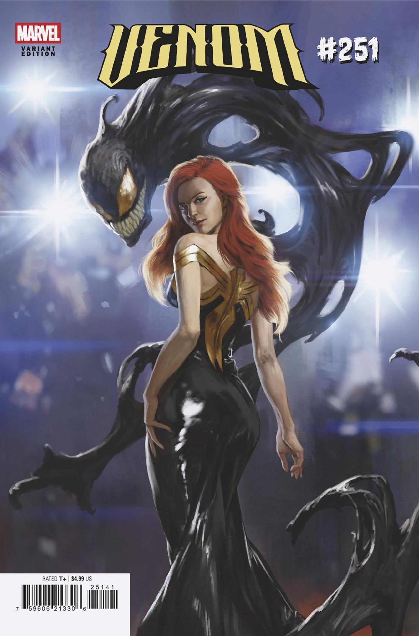 Comic book cover featuring a character with red hair and a black suit, with 'Venom' and Marvel logos.