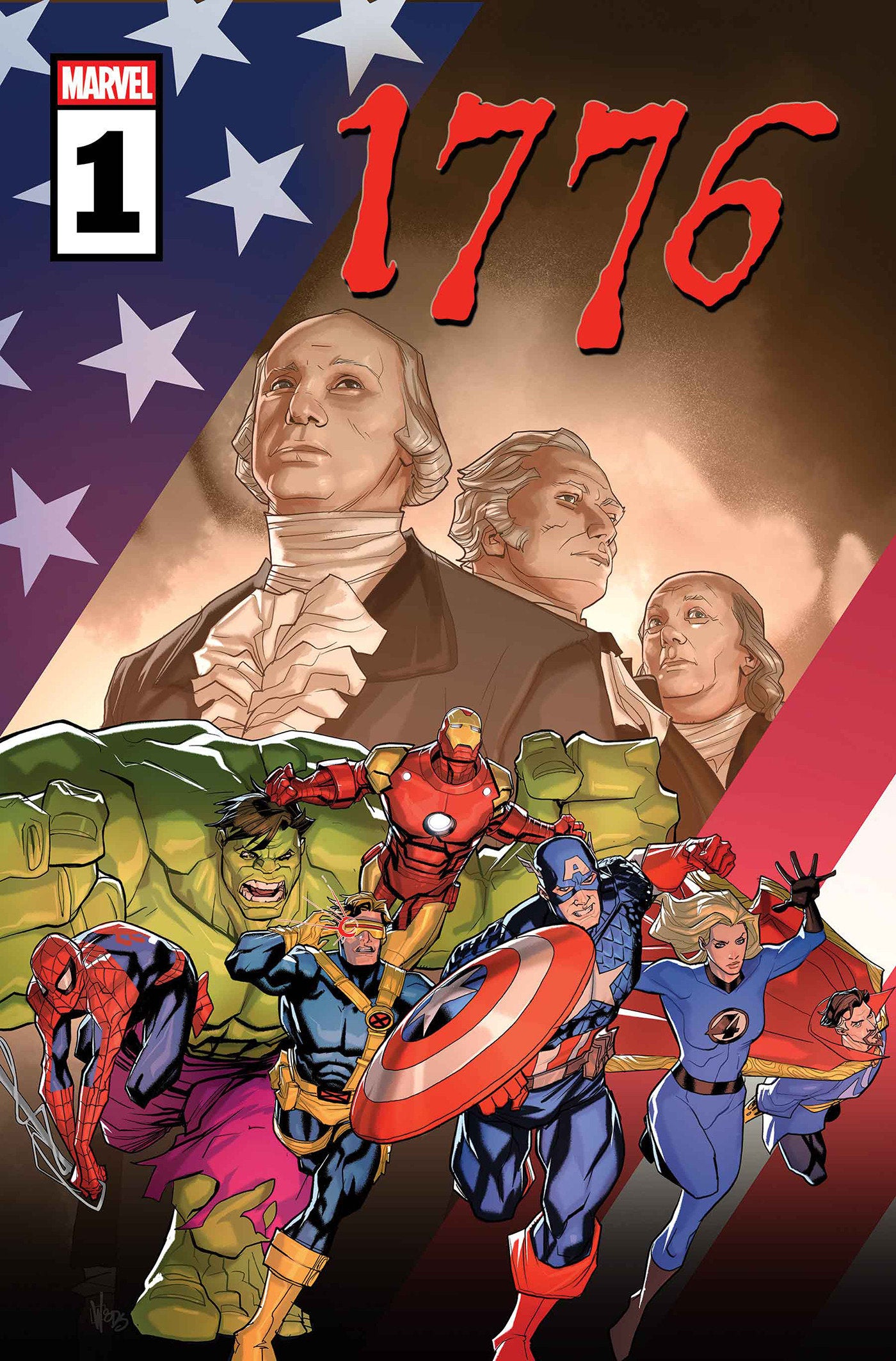 Comic book cover featuring superhero characters with a historical figure and American flag.