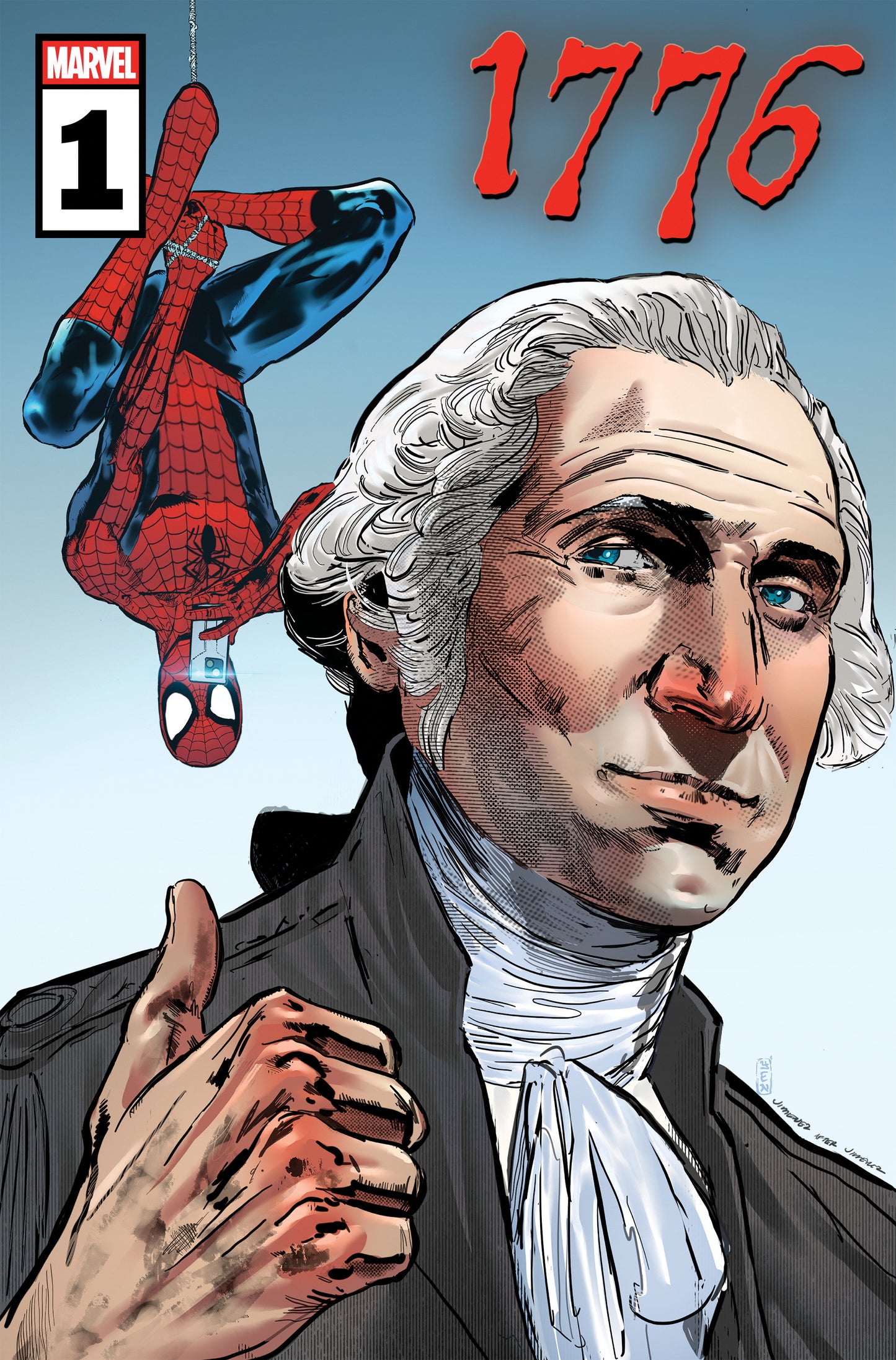 Comic book cover featuring a historical figure and Spider-Man with '1776' and Marvel branding.